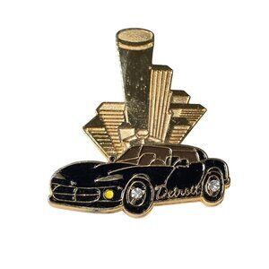 Vintage Detroit Car Enamel Lapel Pin Gold Tone Skyline Rhinestone Wheels Auto